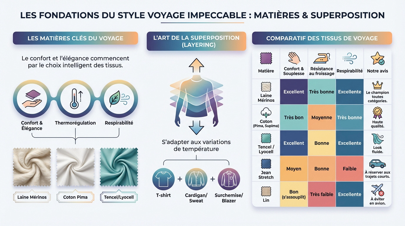 Femme élégante portant une tenue de voyage confortable en superposition avec des matières fluides