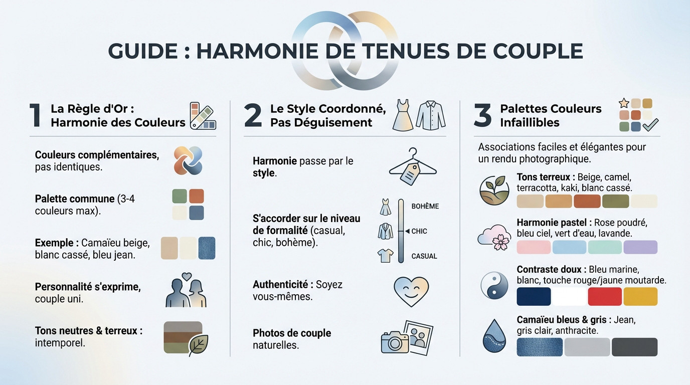 Couple marchant main dans la main avec des tenues coordonnées dans des tons neutres et harmonieux