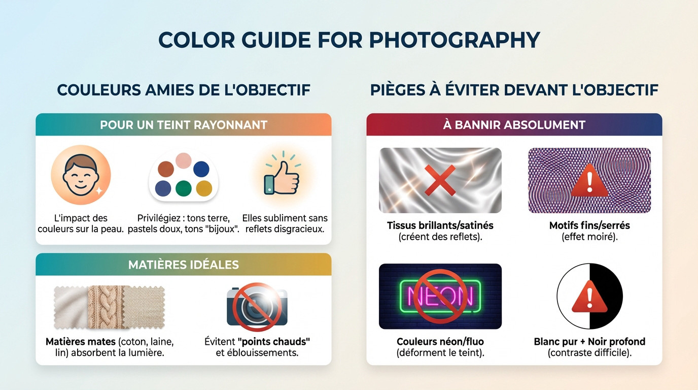 Guide visuel des couleurs photo portrait : matières mates vs brillantes et gestion du contraste