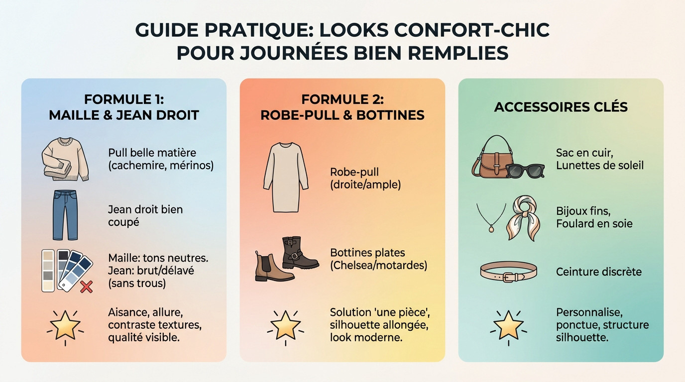 Femme portant une tenue confort chic avec un pull en maille et un jean droit