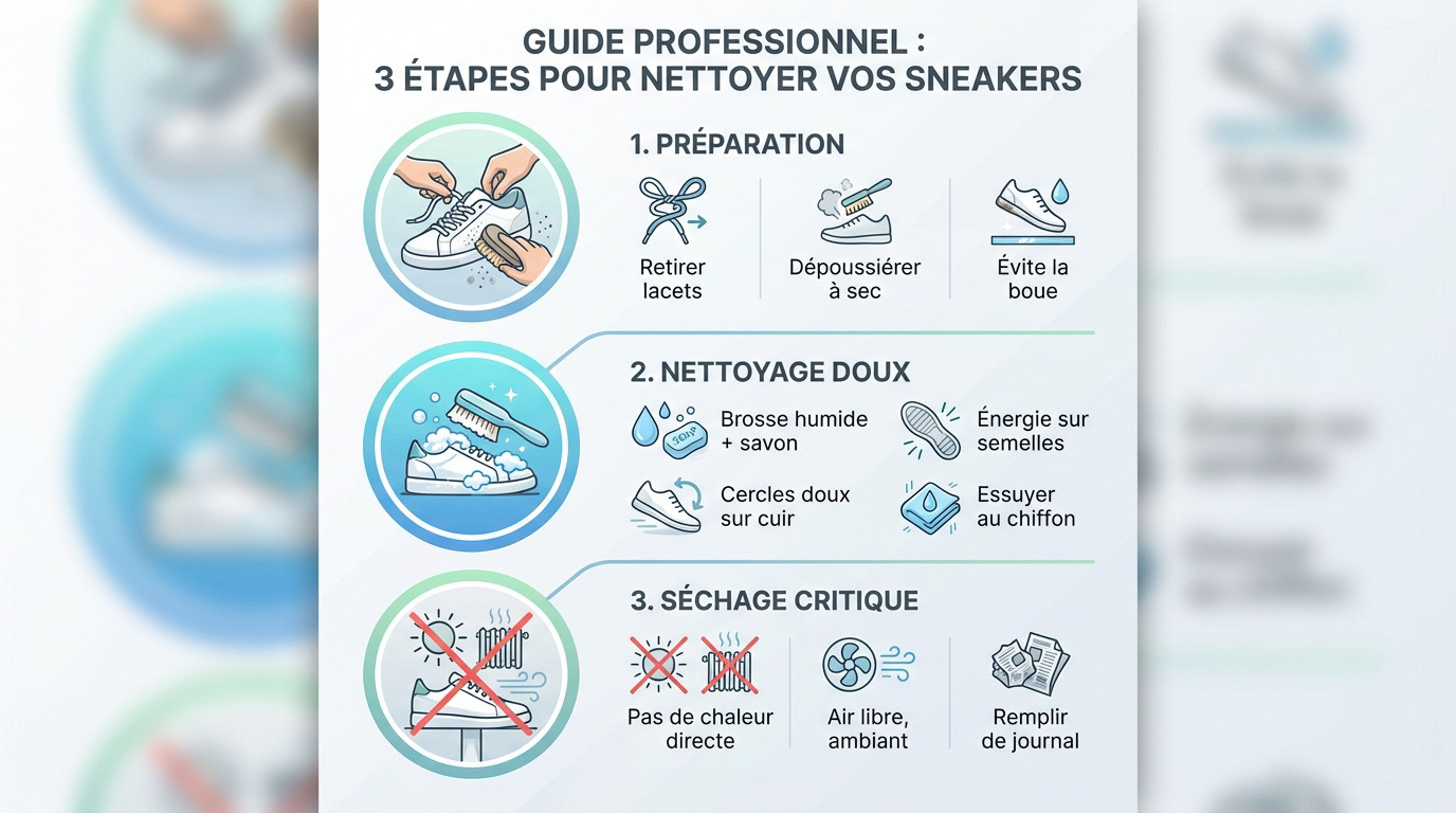 Guide visuel des étapes clés pour nettoyer des sneakers en cuir efficacement