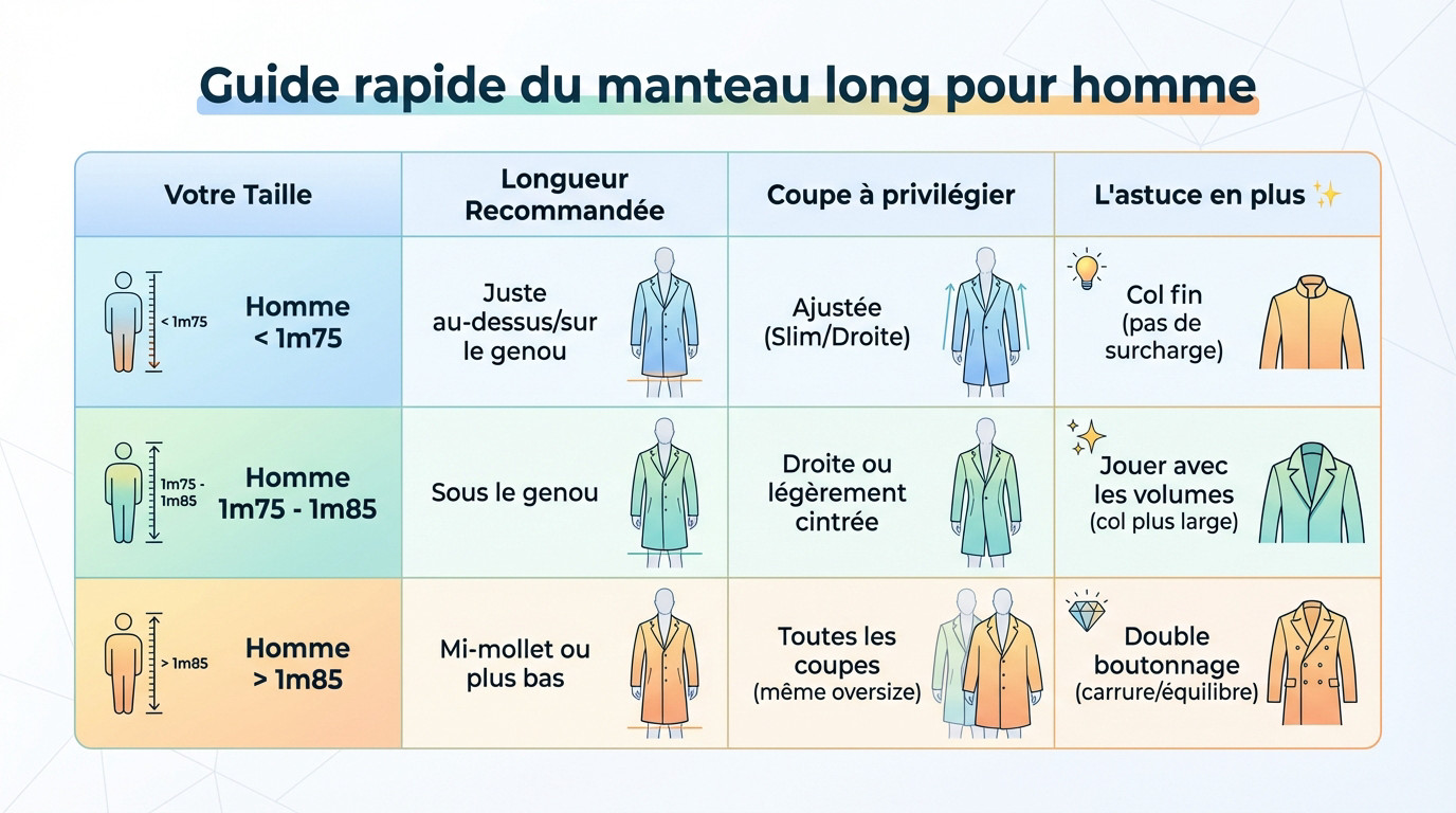 Guide visuel des longueurs de manteau long homme selon la taille et la morphologie
