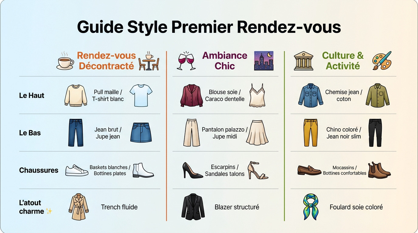 Illustration d'une femme confiante choisissant sa tenue pour un premier rendez-vous