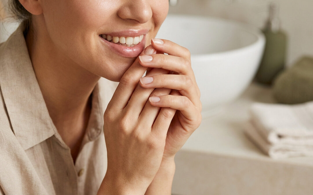Close-up: person's hands, mouth, lower face. Natural nails, gentle smile, bright teeth, hydrated lips. Softly blurred bathroom.