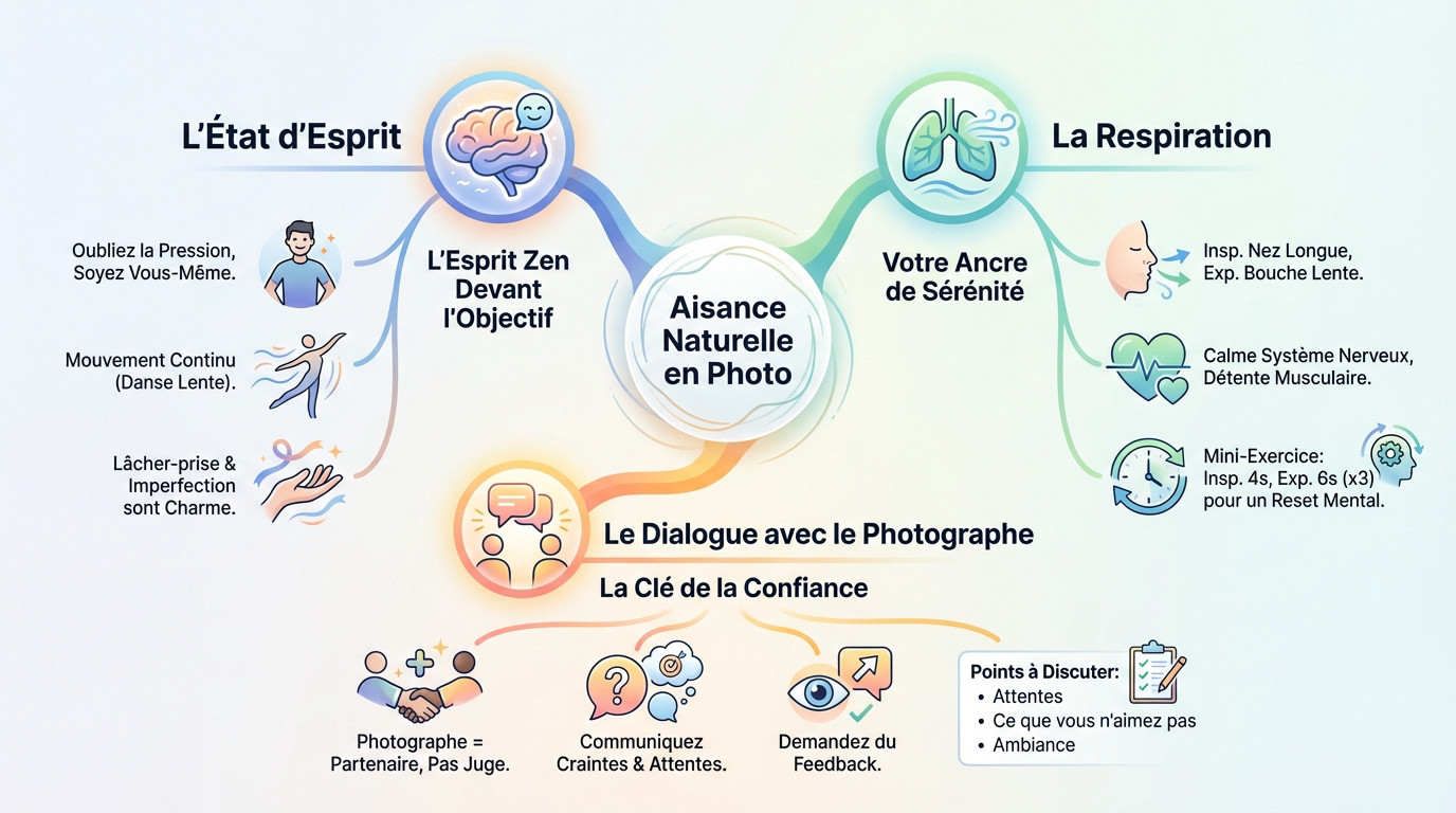 Infographie illustrant les techniques pour une aisance naturelle en photo : état d'esprit, respiration et dialogue