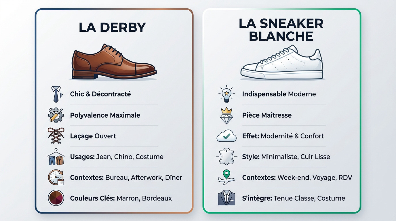 Infographie comparative style homme : derby cuir vs sneaker blanche minimaliste
