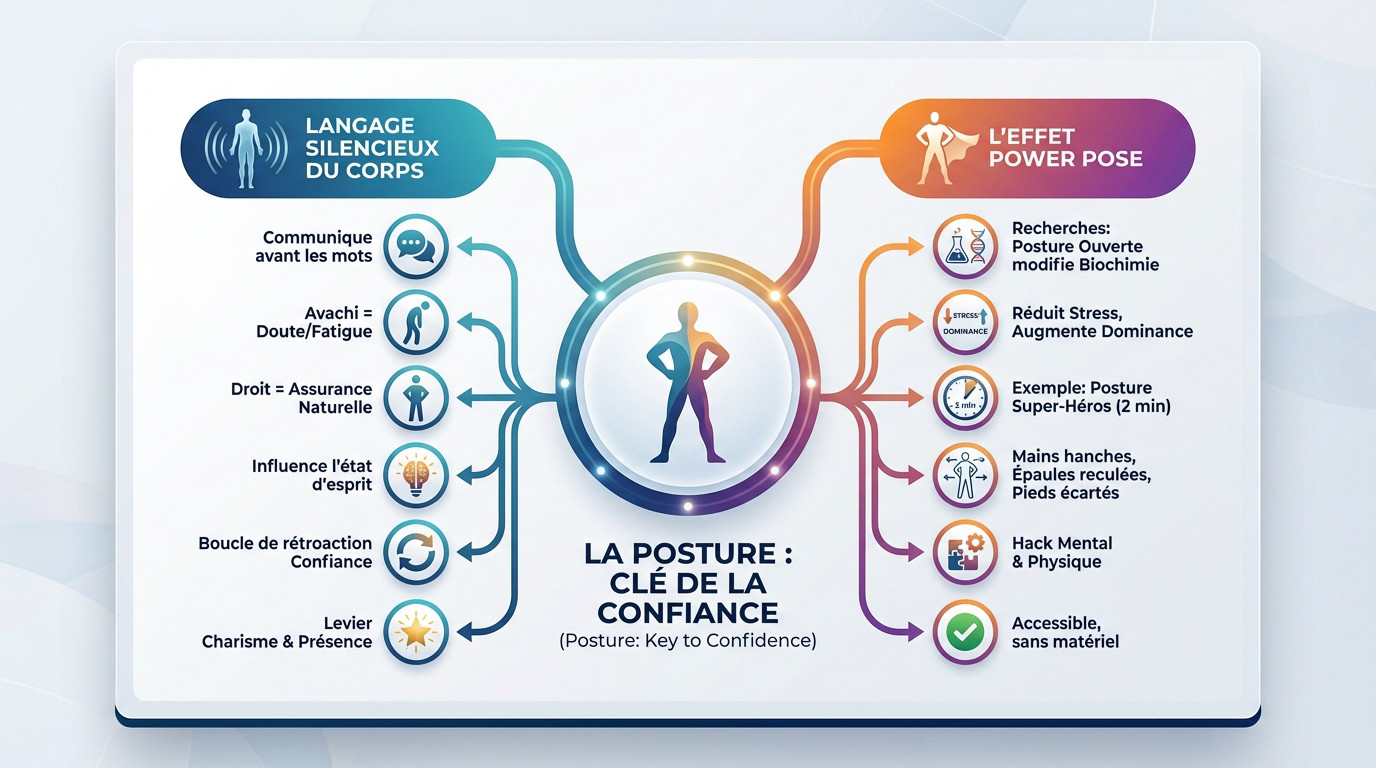 Infographie illustrant l'impact d'une posture ouverte sur la confiance en soi et le charisme