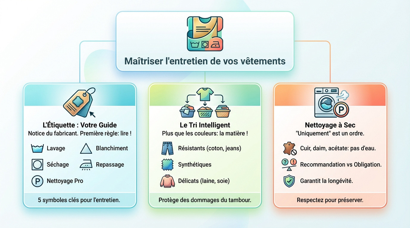 Infographie détaillée expliquant les symboles d'entretien des vêtements pour maîtriser le lavage et le pressing