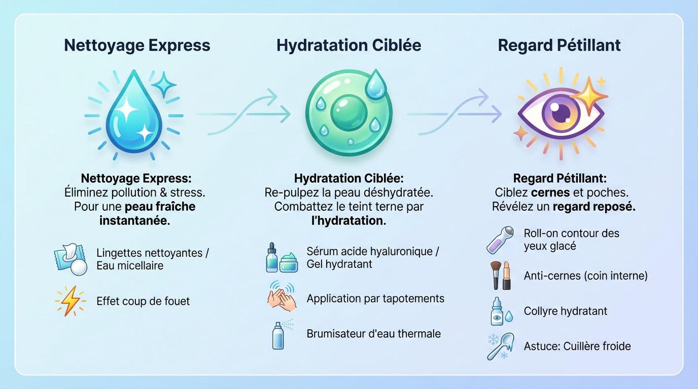 Infographie montrant les étapes clés pour un reset visage anti-fatigue en 5 minutes