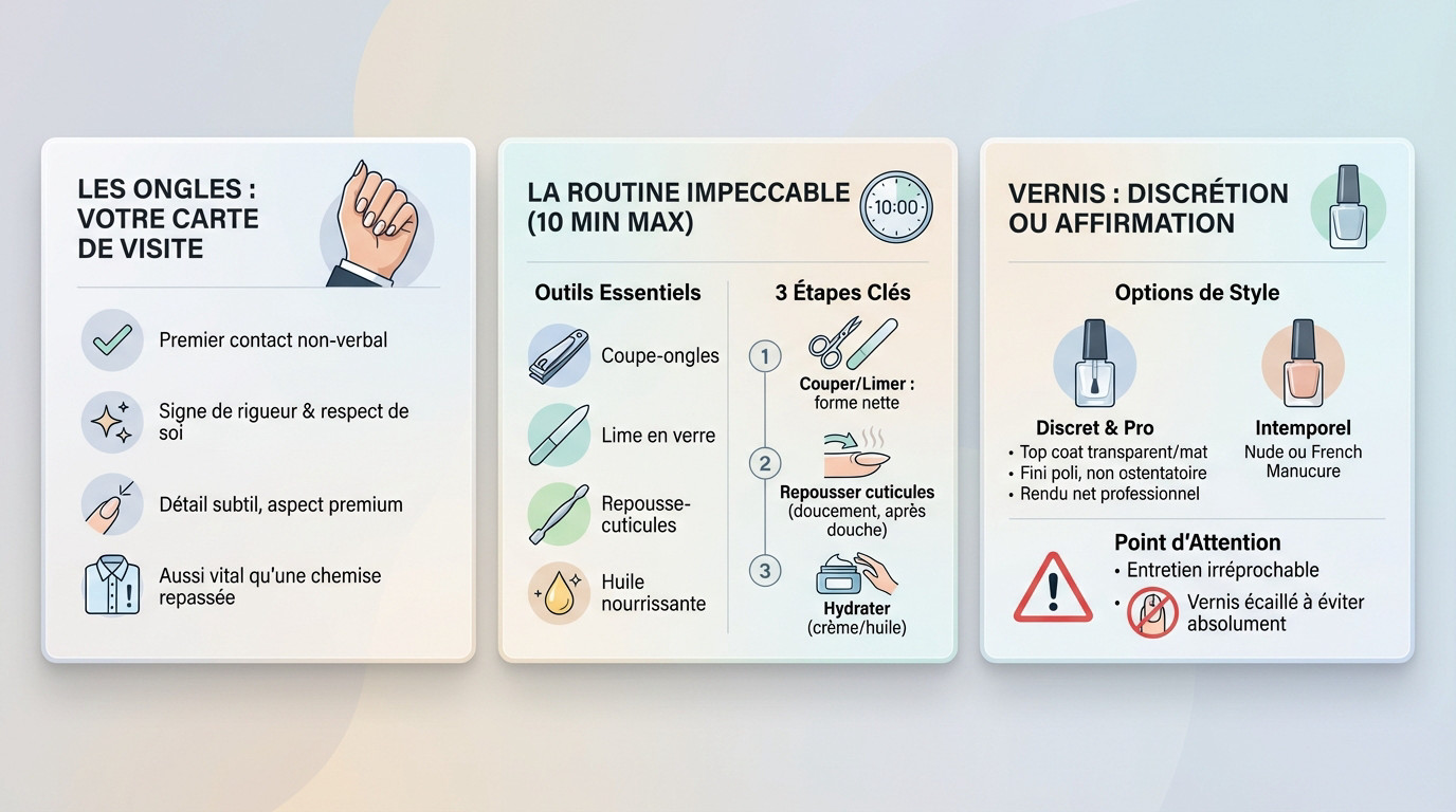 Infographie illustrant les étapes clés d'une routine de soin des ongles minimaliste et efficace