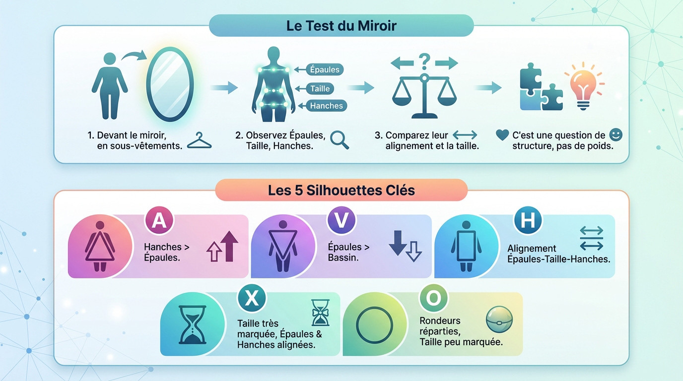 Infographie illustrant le test du miroir pour identifier les 5 morphologies féminines