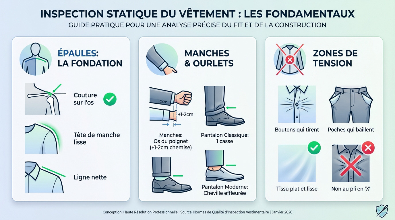Schéma visuel montrant les points de contrôle d'un vêtement bien ajusté : épaules, manches et tombé du pantalon