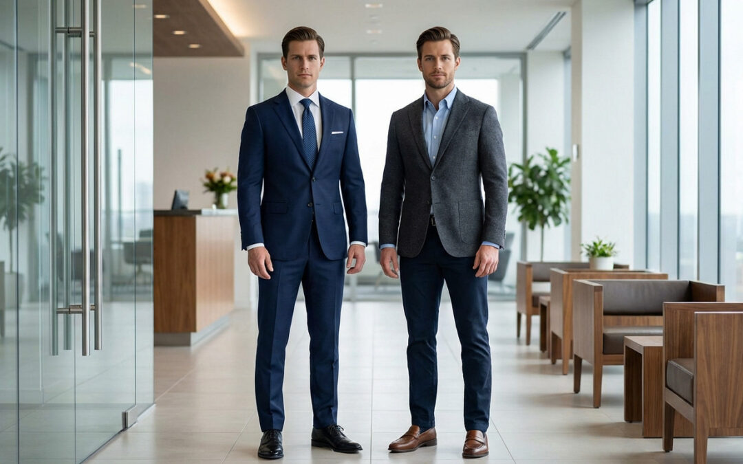 Two men in a modern office, one in a navy suit and tie, the other in a charcoal blazer and chinos, demonstrating professional interview attire.