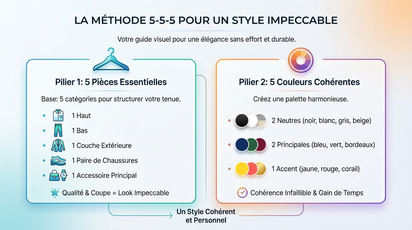 Illustration de la méthode 5-5-5 pour un style vestimentaire épuré, montrant 5 pièces clés et une palette de couleurs cohérente