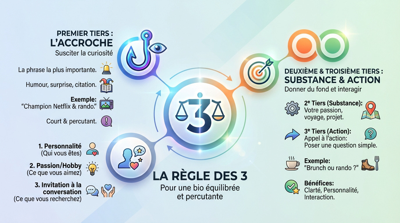 Infographie expliquant la règle des 3 piliers pour rédiger une bio de rencontre attractive