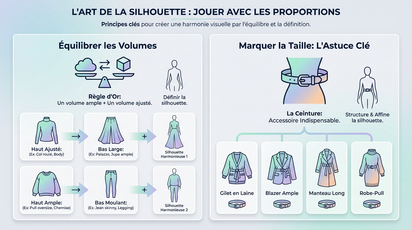 Schéma montrant comment équilibrer les volumes et marquer la taille pour une tenue hiver femme féminine