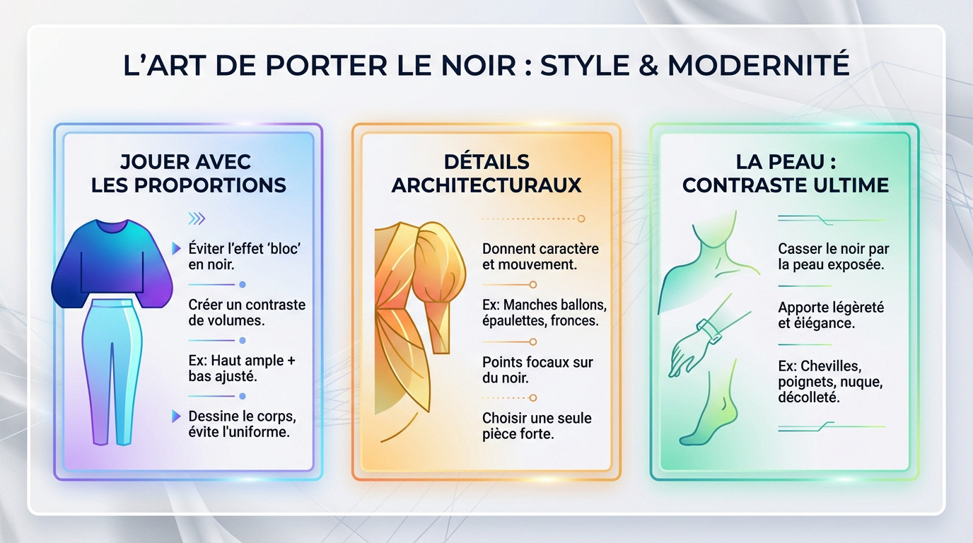 Femme élégante portant une tenue noire structurée jouant sur les volumes et les textures