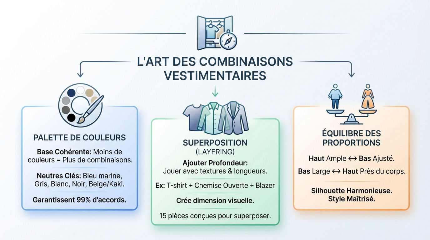 Infographie illustrant l'art des combinaisons vestimentaires et du layering pour homme