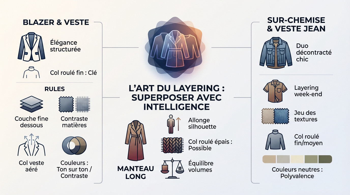 Homme et femme portant un col roulé avec élégance en superposition sous un manteau et un blazer