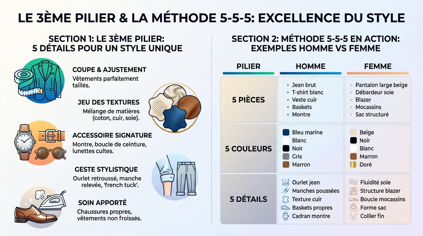 Illustration des détails qui font la différence dans la méthode 5-5-5 pour un style élégant