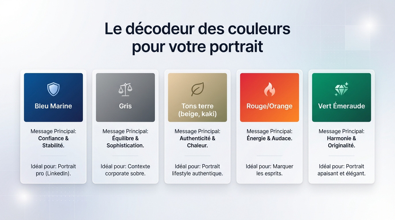 Schéma visuel expliquant la psychologie des couleurs pour un portrait photo réussi : bleu pour la confiance, rouge pour l'énergie, vert pour l'harmonie.