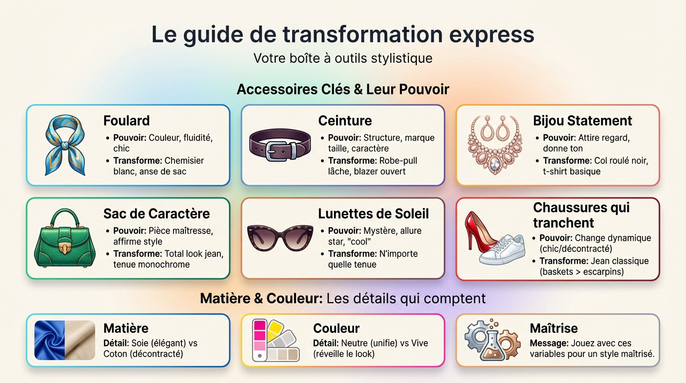 Tableau récapitulatif des accessoires indispensables pour transformer un look femme