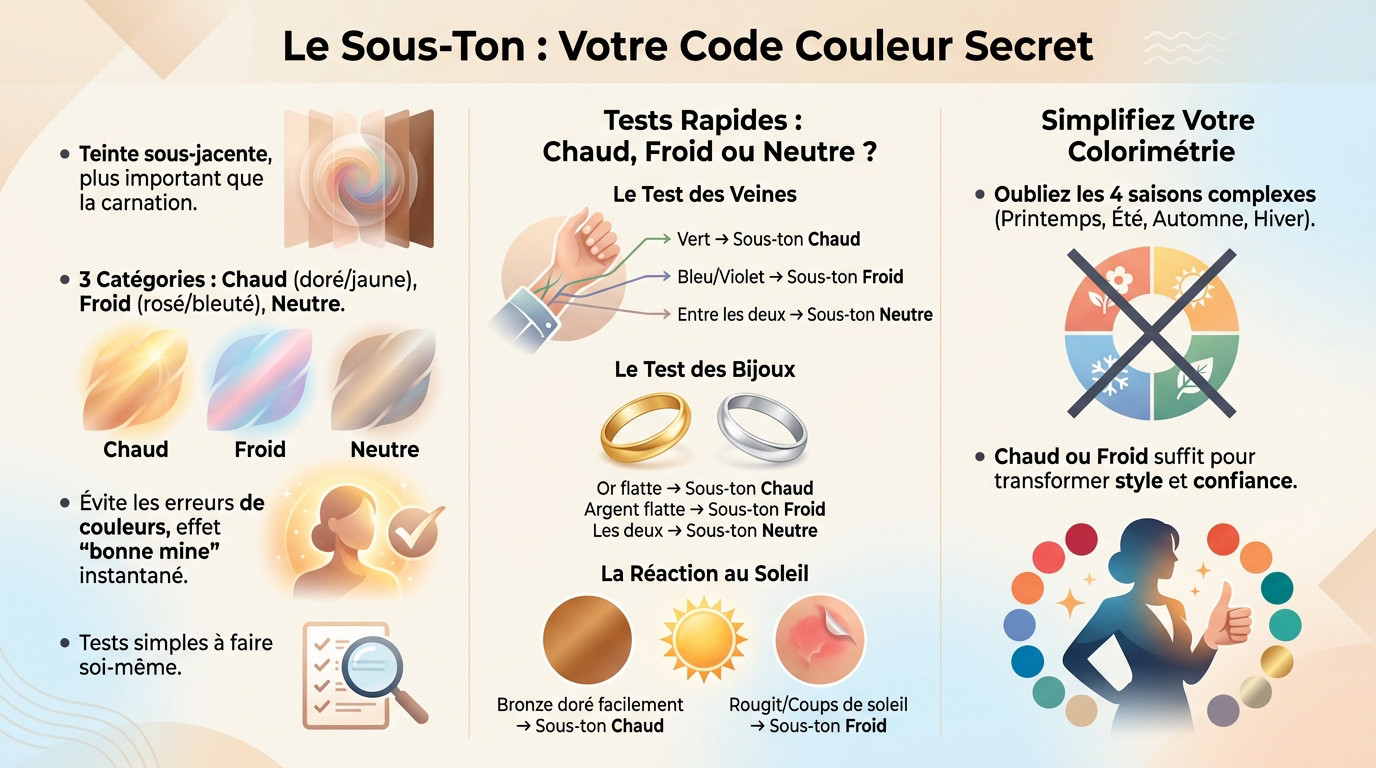 Femme observant son reflet dans un miroir pour déterminer son sous-ton de peau à l'aide de tissus colorés
