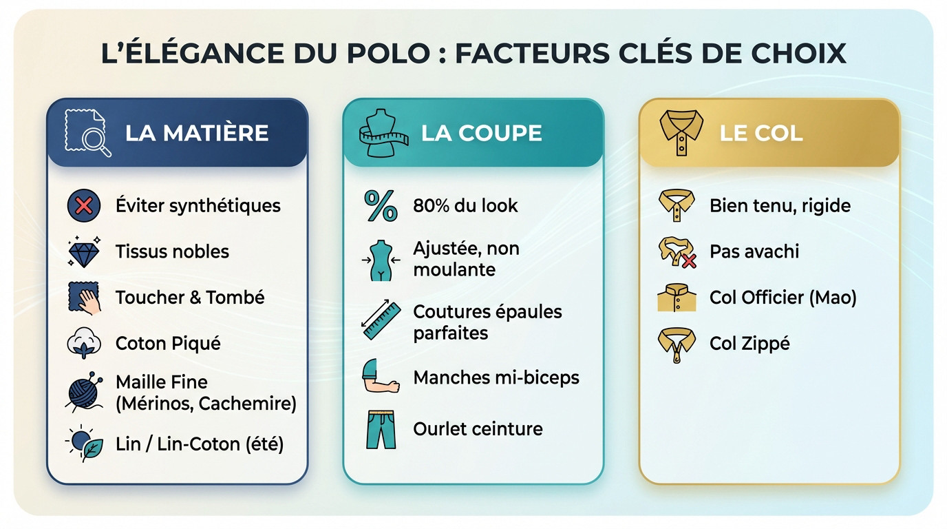 Schéma explicatif des critères pour bien choisir un polo : matière, coupe et col