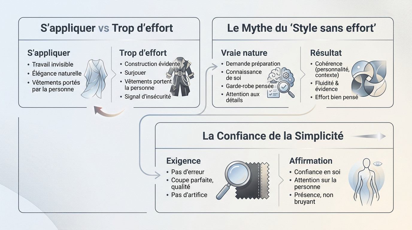Femme élégante au style naturel et épuré, illustrant l'équilibre parfait sans trop d'effort