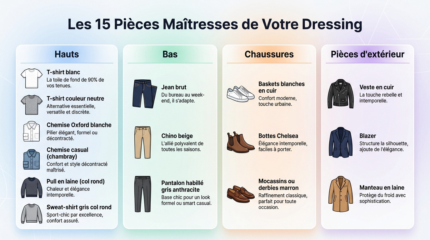 Sélection de 15 pièces essentielles pour une garde-robe capsule masculine élégante et minimaliste