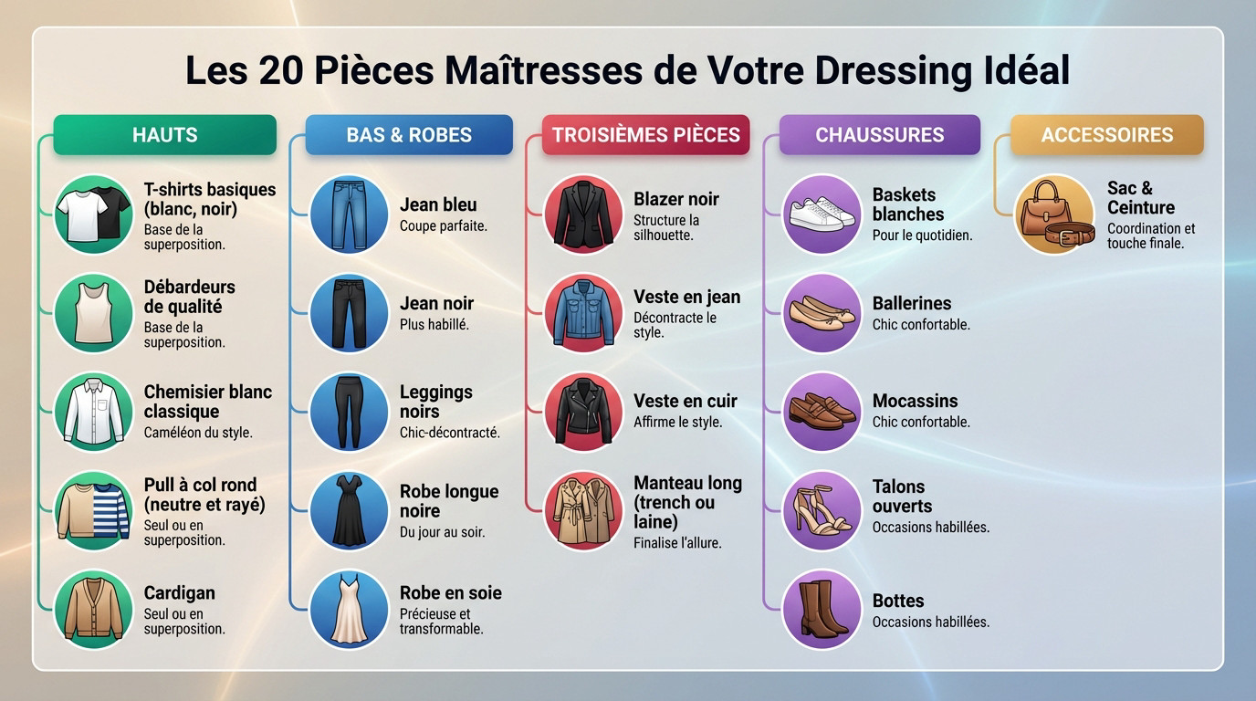 Sélection de vêtements minimalistes pour une garde-robe capsule femme organisée sur un portant