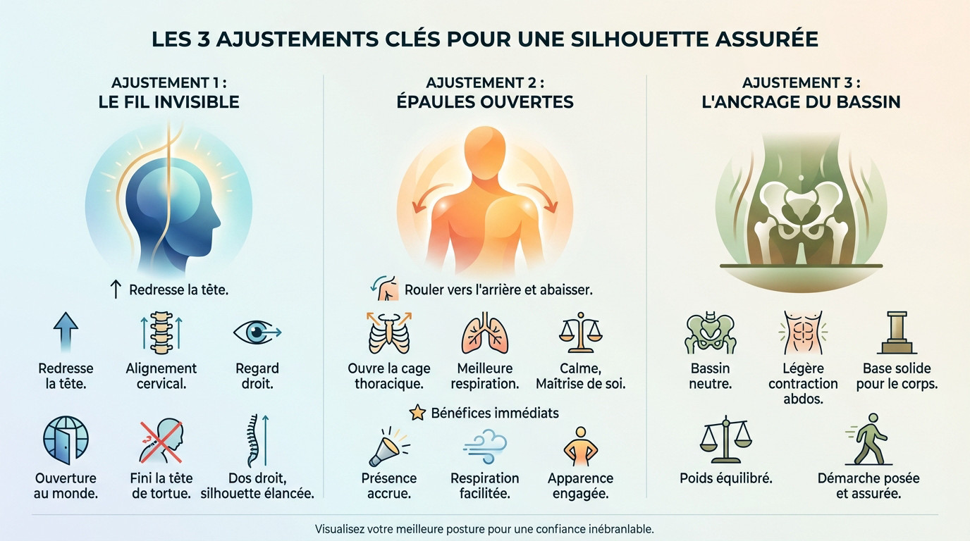 Illustration d'une posture confiante avec alignement tête, épaules et bassin