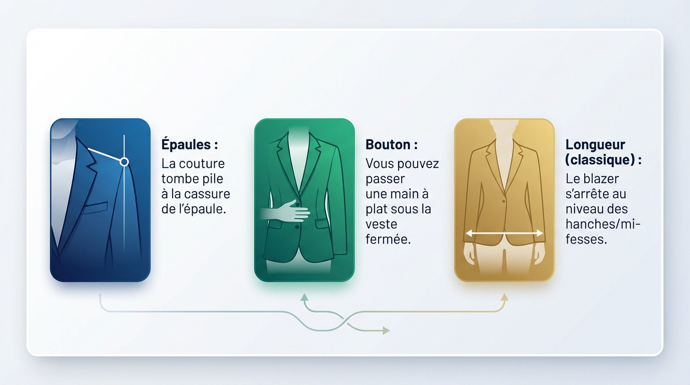 Illustration des points de contrôle pour choisir la coupe d'un blazer : épaules, cintrage et longueur.