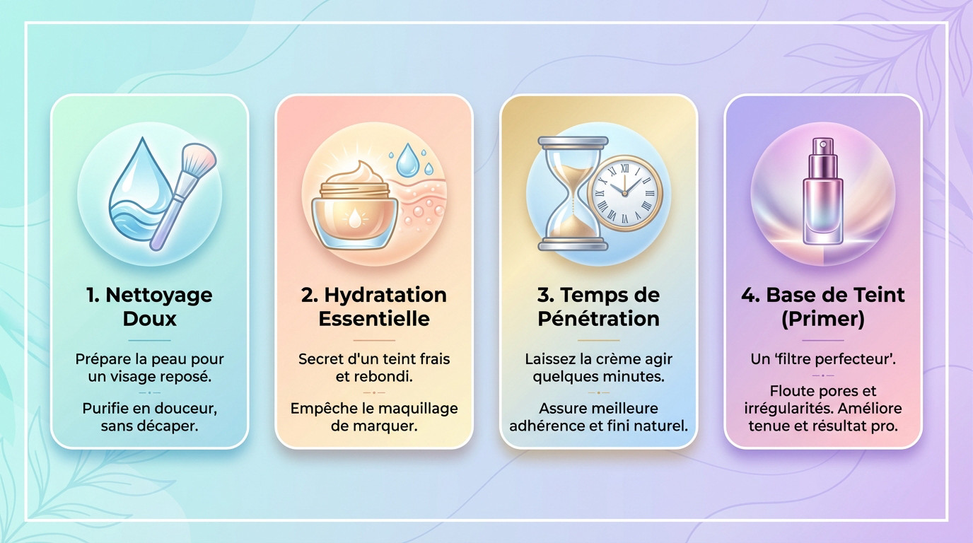 Illustration des 4 étapes de préparation de la peau pour un maquillage naturel quotidien : nettoyage, hydratation, sérum et base.