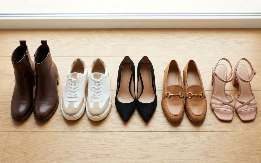 Collection de cinq paires de chaussures femme (bottines, sneakers, escarpins, mocassins, sandales) sur un parquet en bois clair.