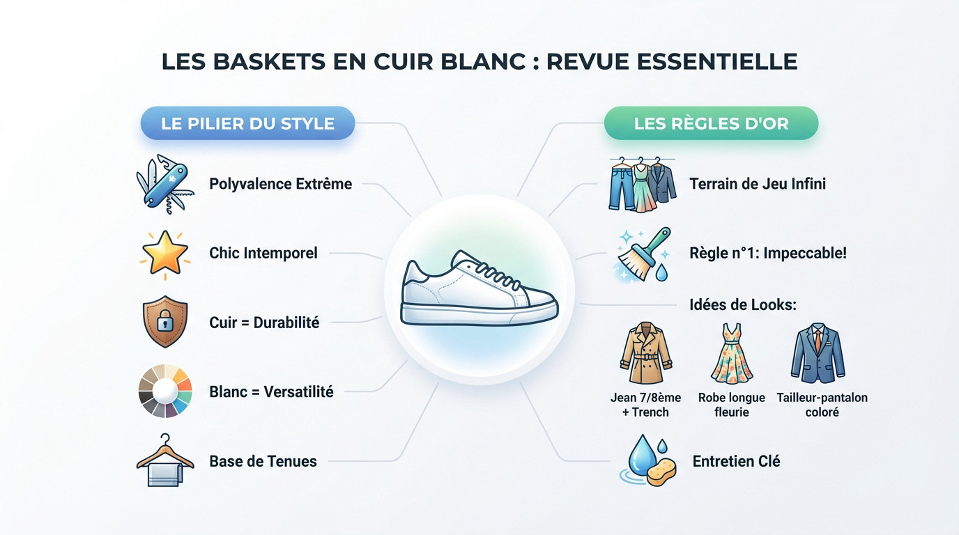 Paire de baskets en cuir blanc au design épuré, un basique essentiel du dressing féminin