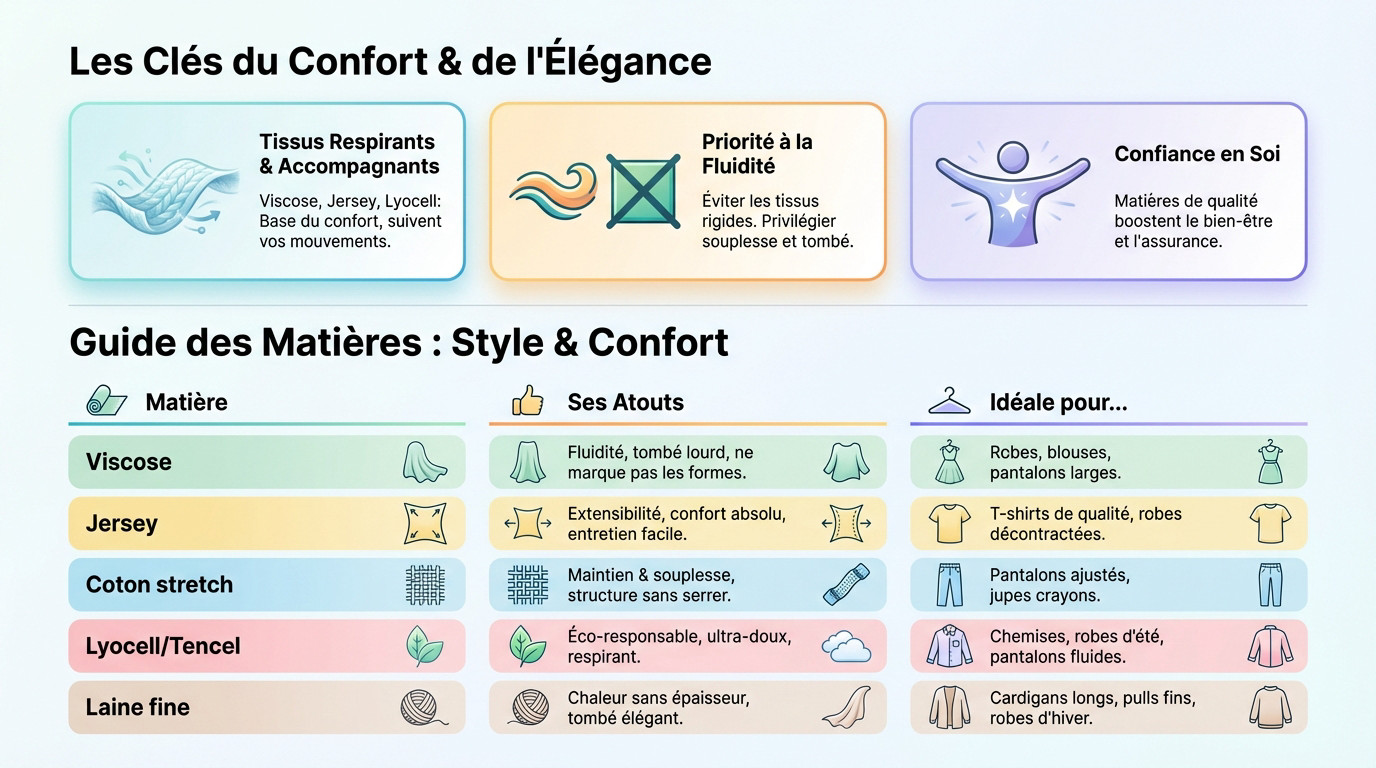 Guide visuel des matières fluides et confortables pour une silhouette élégante