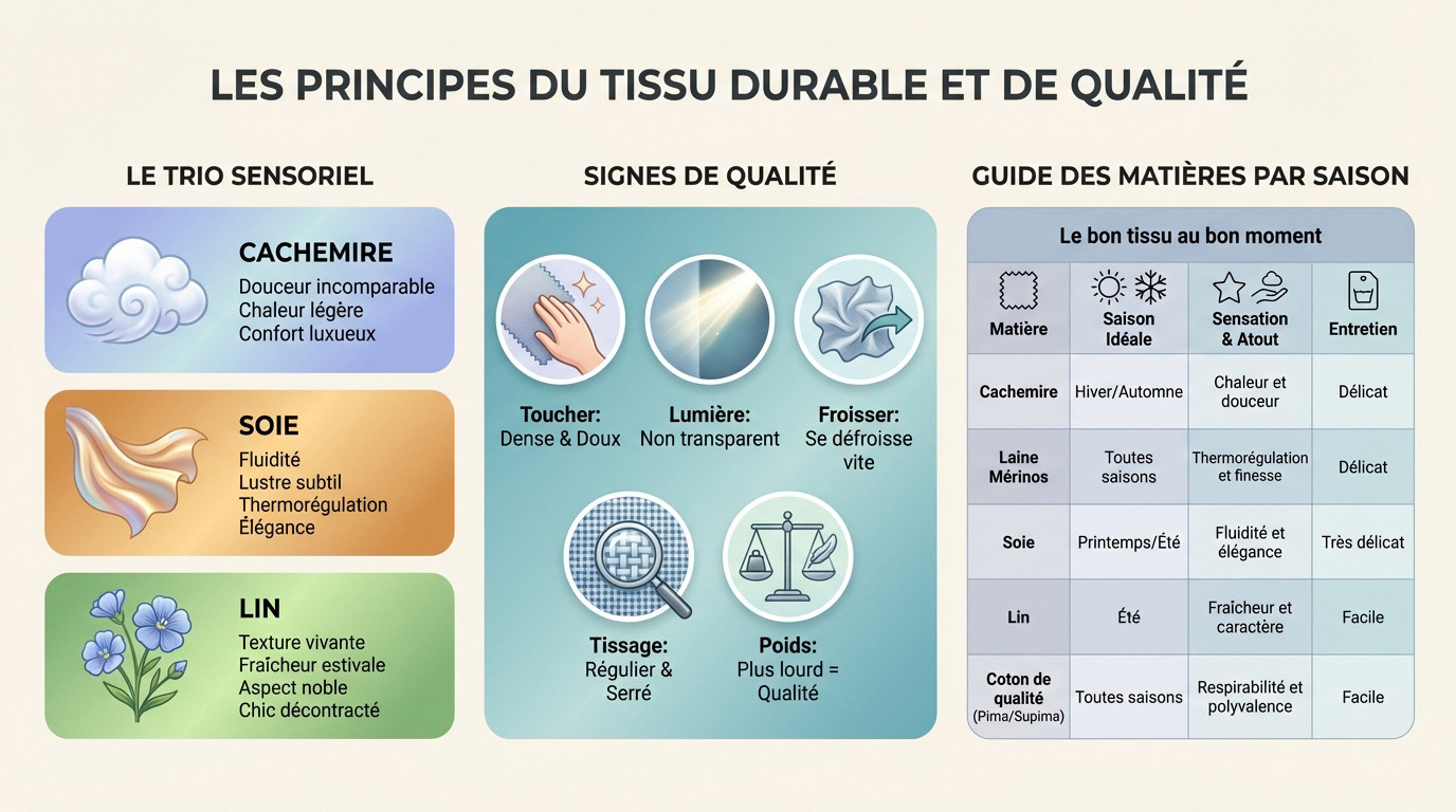 Illustration des textures et tissages de tissus de haute qualité comme le lin et la soie