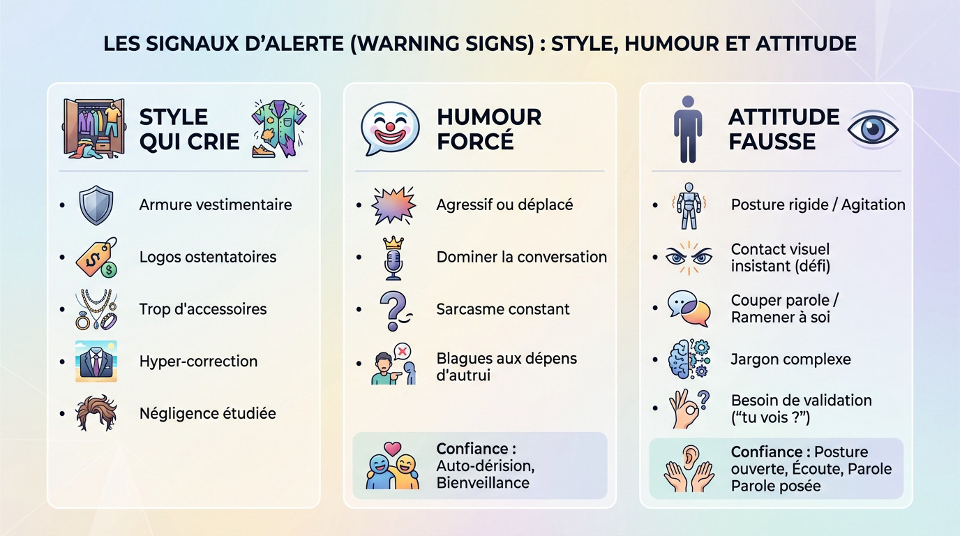 Illustration d'un homme et d'une femme en interaction sociale, montrant des signes subtils de langage corporel et de style vestimentaire