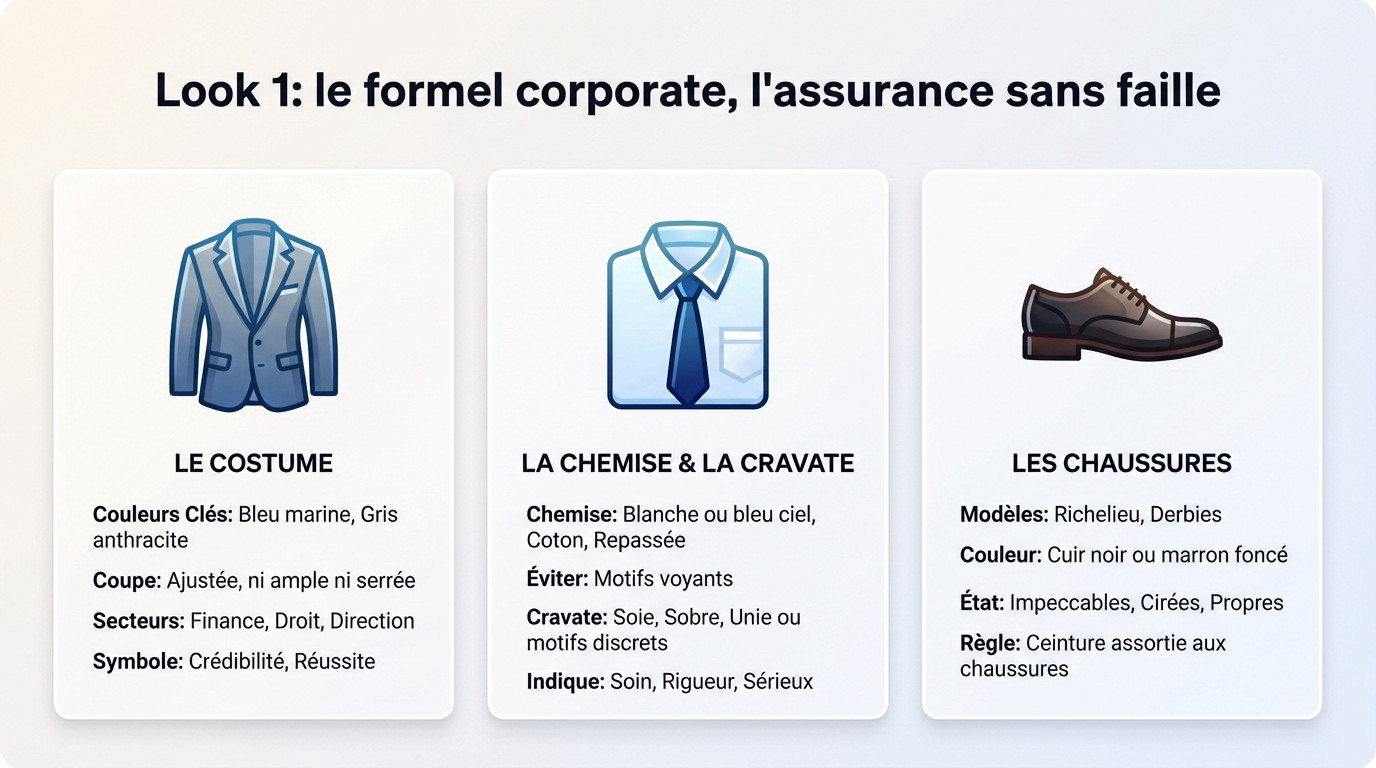 Homme élégant portant un costume bleu marine ajusté, idéal pour un entretien d'embauche corporate