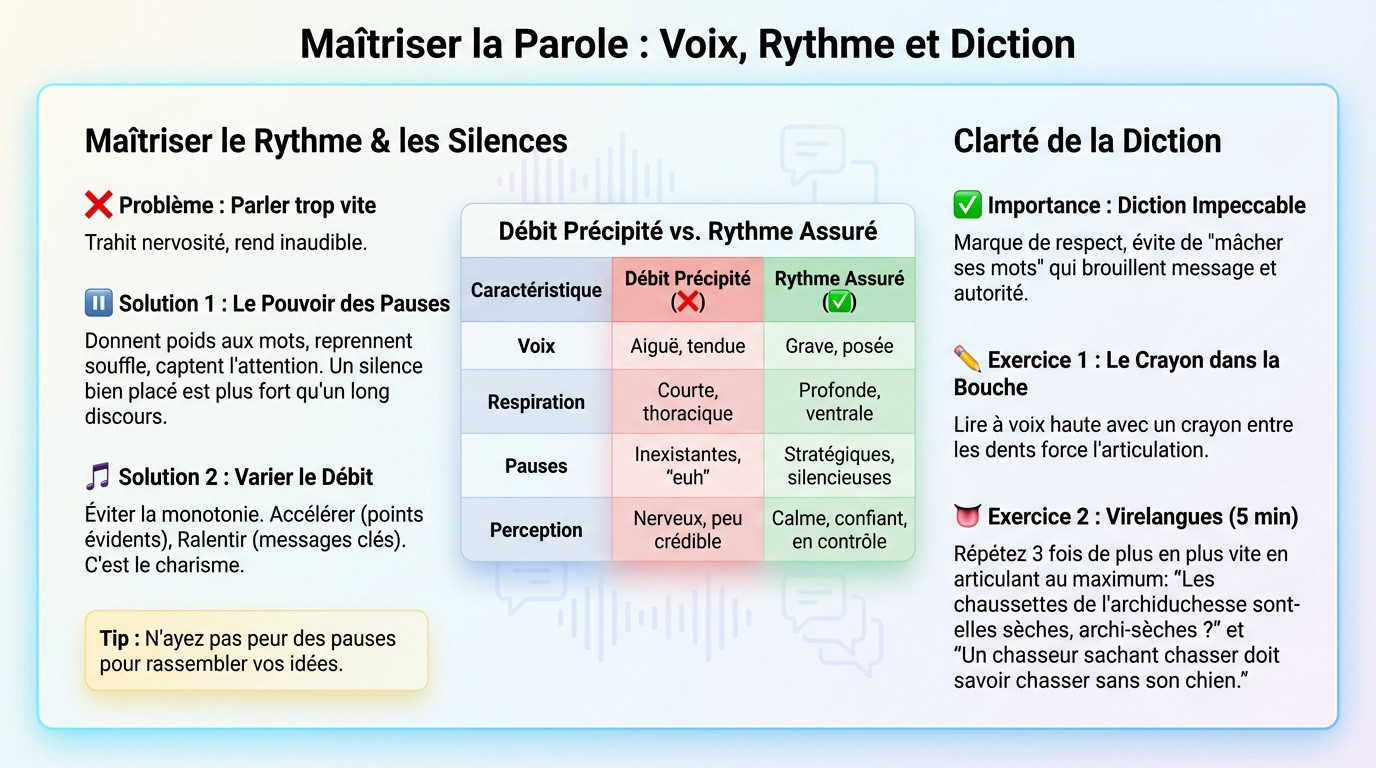 Femme s'exprimant avec aisance et une voix posée lors d'une discussion