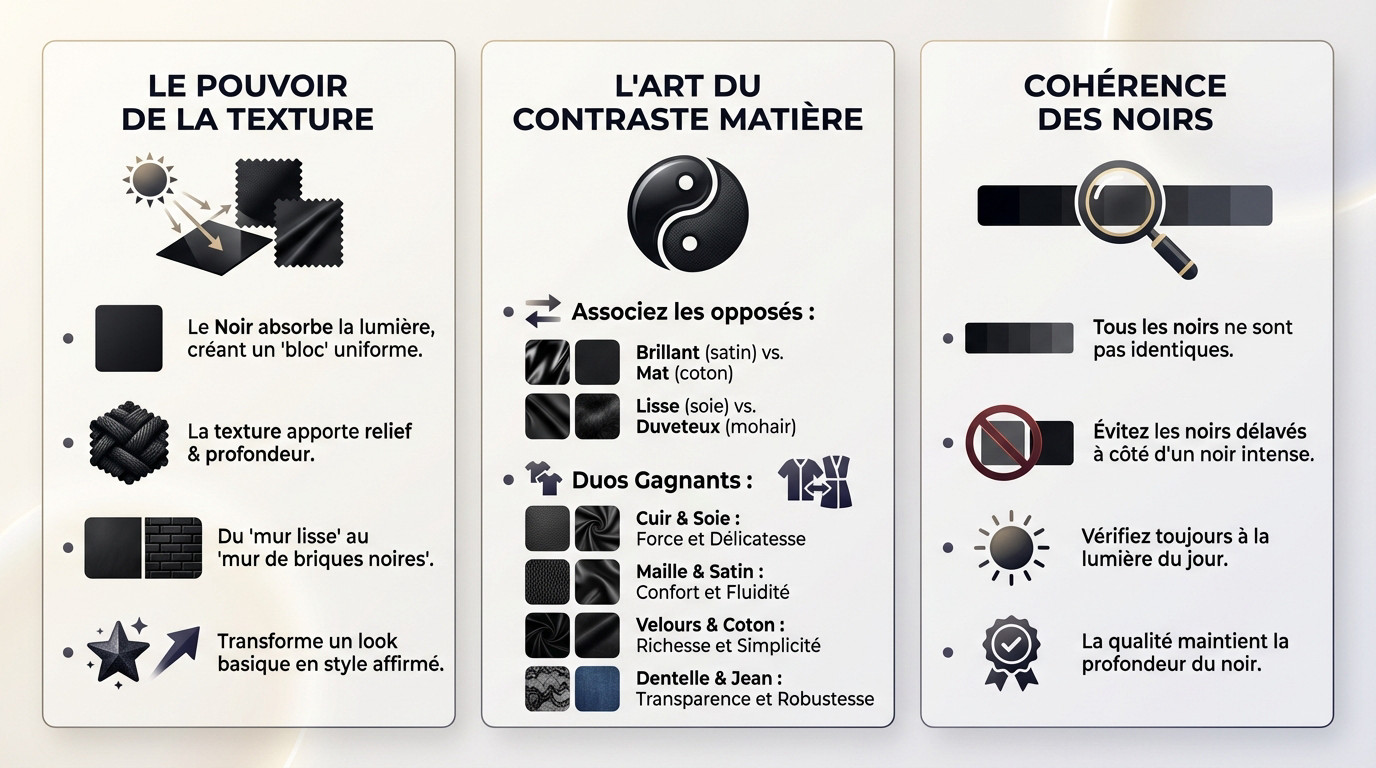 Femme portant une tenue noire texturée avec mélange de cuir et maille pour éviter l'effet plat