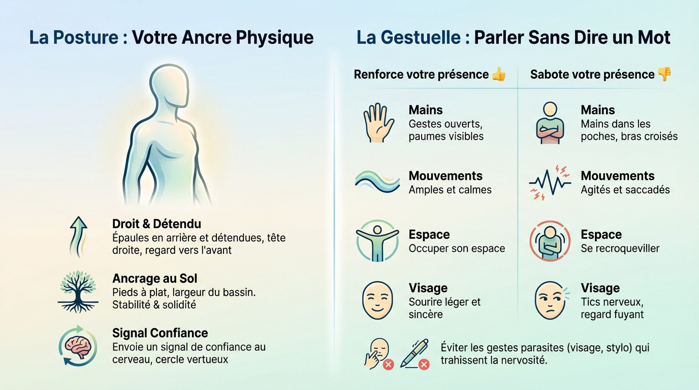 Femme confiante adoptant une posture droite et ouverte pour marquer les esprits