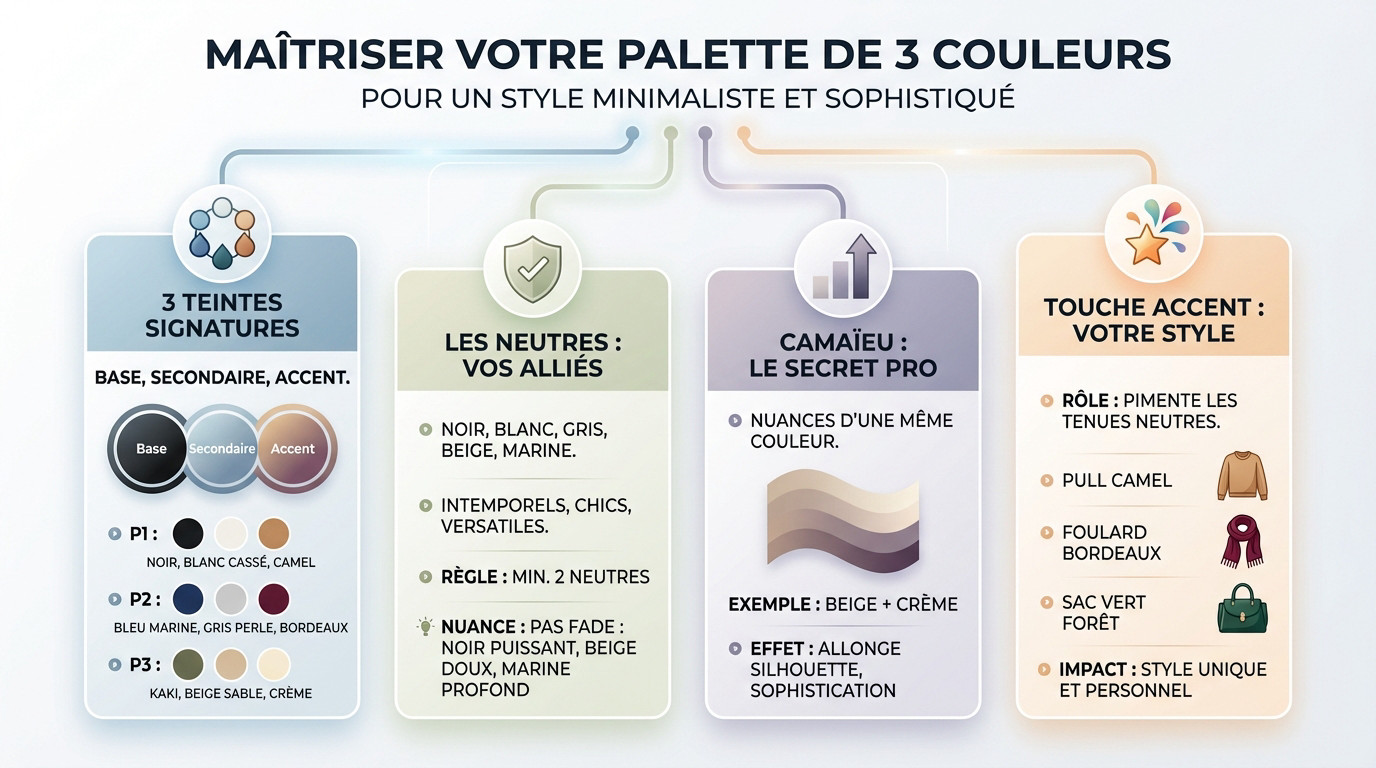 Palette de couleurs minimaliste avec des teintes neutres et une couleur d'accent pour une garde-robe capsule