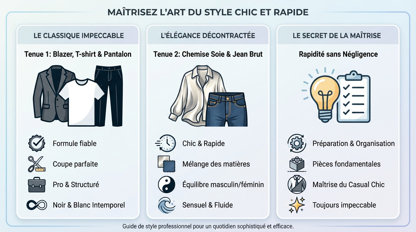 Femme confiante portant un blazer noir structuré et un t-shirt blanc, illustrant l'élégance rapide