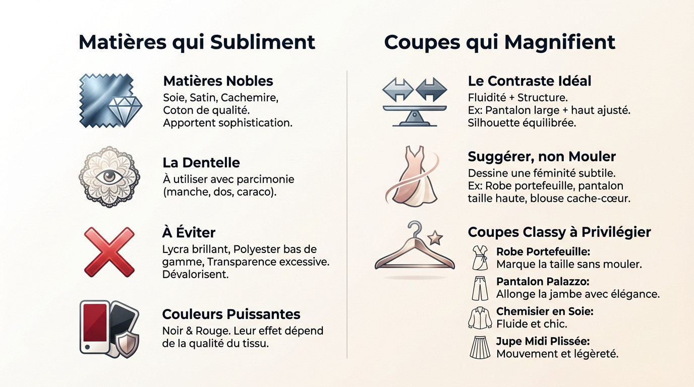 Femme élégante portant une tenue équilibrée entre coupe fluide et matière noble