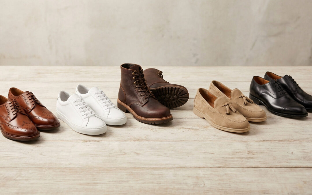 Five pairs of men's shoes: brown leather derbies, white sneakers, dark brown boots, beige suede moccasins, and black dress shoes on a light wooden floor.
