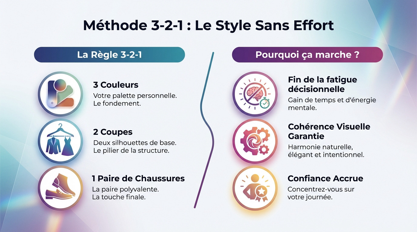 Garde-robe capsule minimaliste organisée selon la méthode 3-2-1 avec des tons neutres
