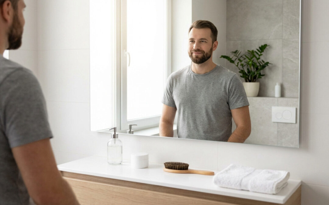 Man in late 20s-early 30s looks confidently in a mirror during his morning grooming routine in a modern, well-lit bathroom.