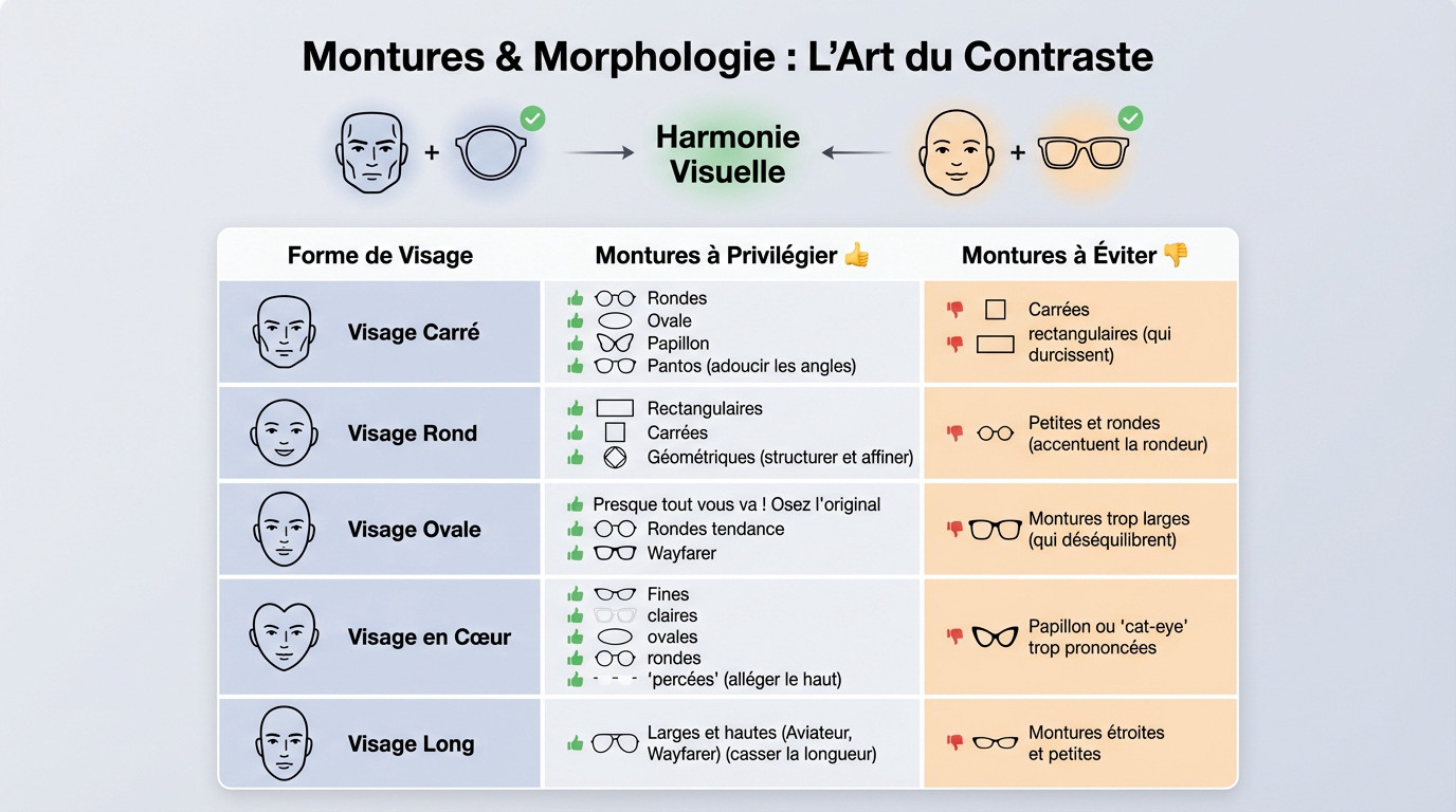 Illustration montrant différentes formes de visages et les lunettes adaptées pour créer un contraste harmonieux